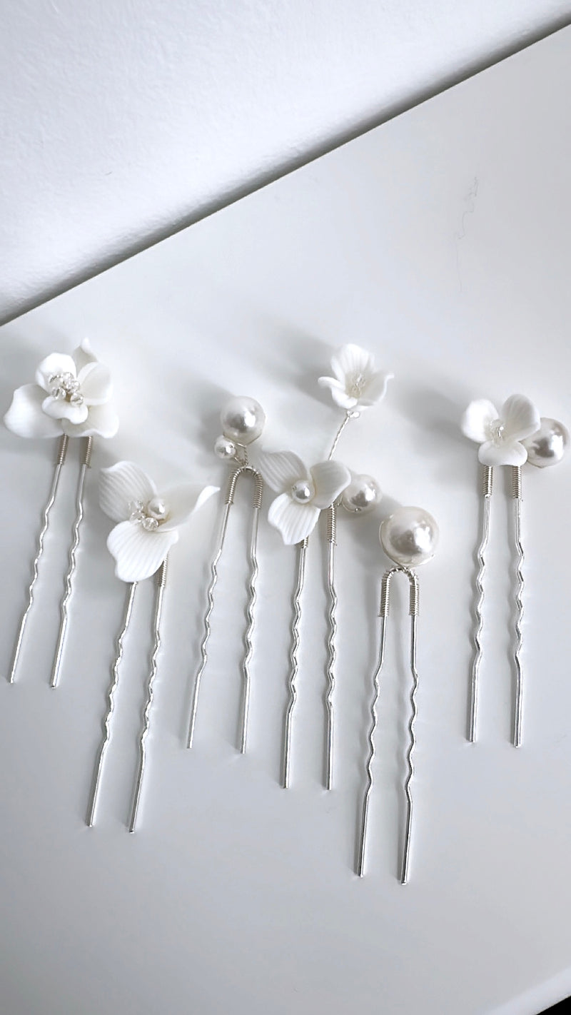 Georgina ceramic pearl pins silver