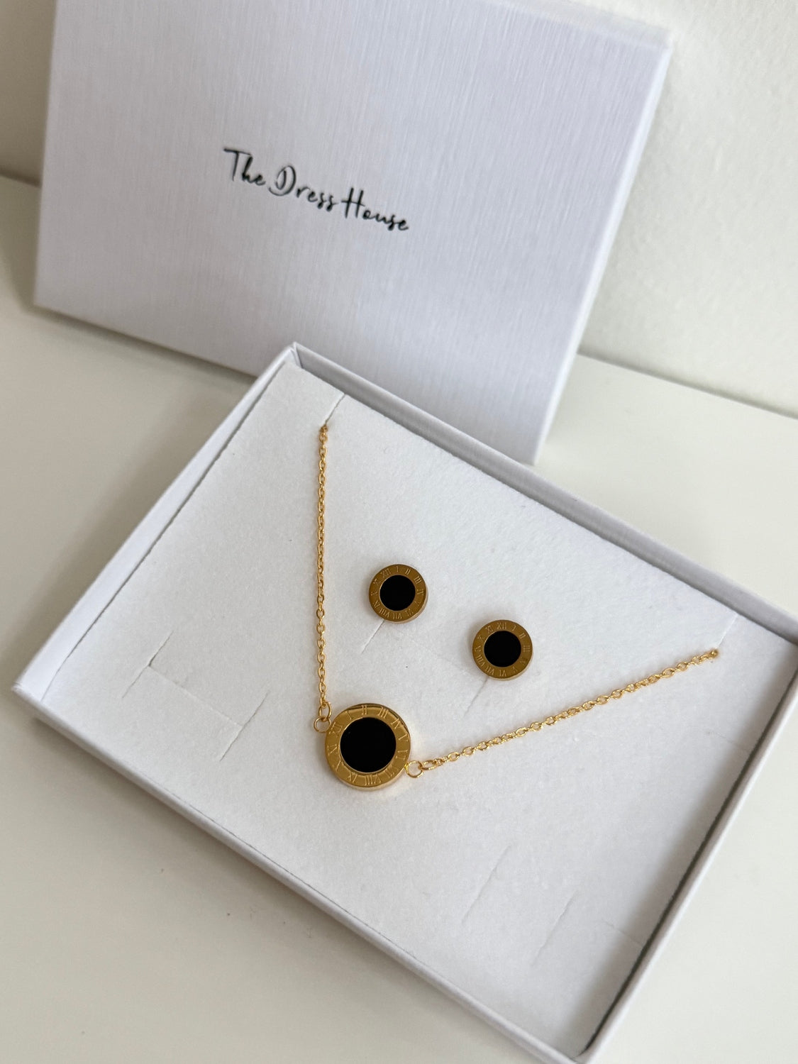 Black Gold Roman Numeral Stud Earring Bracelet Gift Box