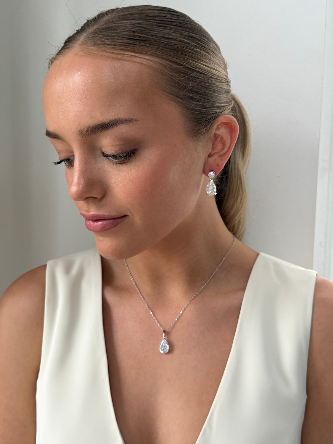 Clara - Silver Diamanté Teardrop Necklace